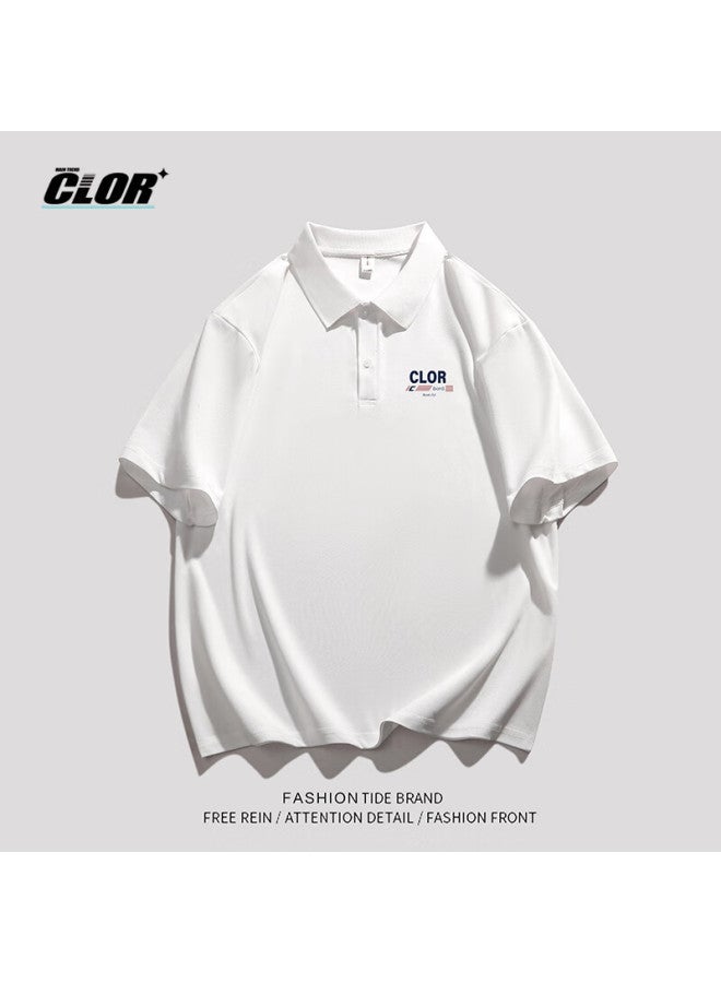 Clor Men's Casual T-shirt Summer Thin Loose Polo Neck Top Short Sleeve Pl02 White XL - Image 2