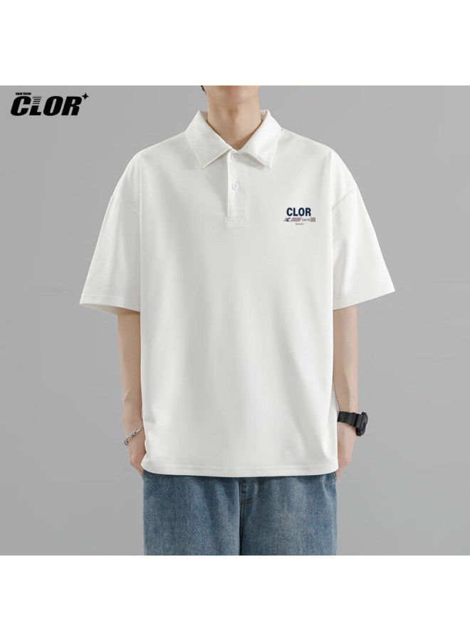 Clor Men's Casual T-shirt Summer Thin Loose Polo Neck Top Short Sleeve Pl02 White XL - Image 1