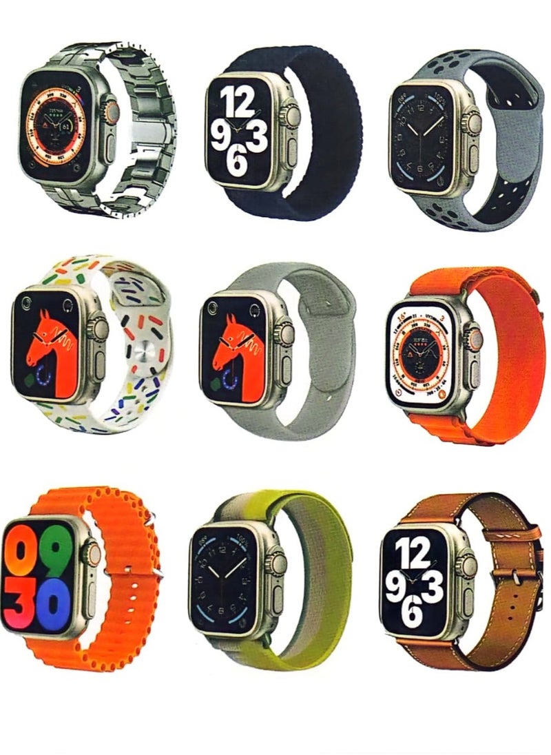 Ultra 9 smart watch with a 2.05-inch high-resolution screen, Bluetooth connection with multiple sports modes and contains multiple applications with 7 additional bracelets