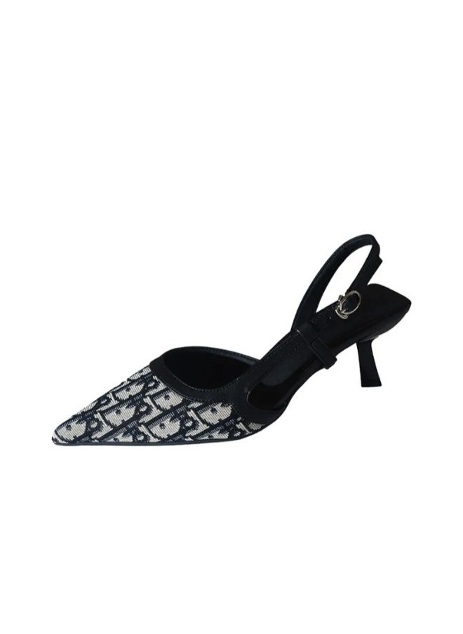 Rup Art Luxury Women’s High Heel Sandals – Pointed Toe Party Heels – Black & Grey Print Leather Dress Shoes  - Image 1