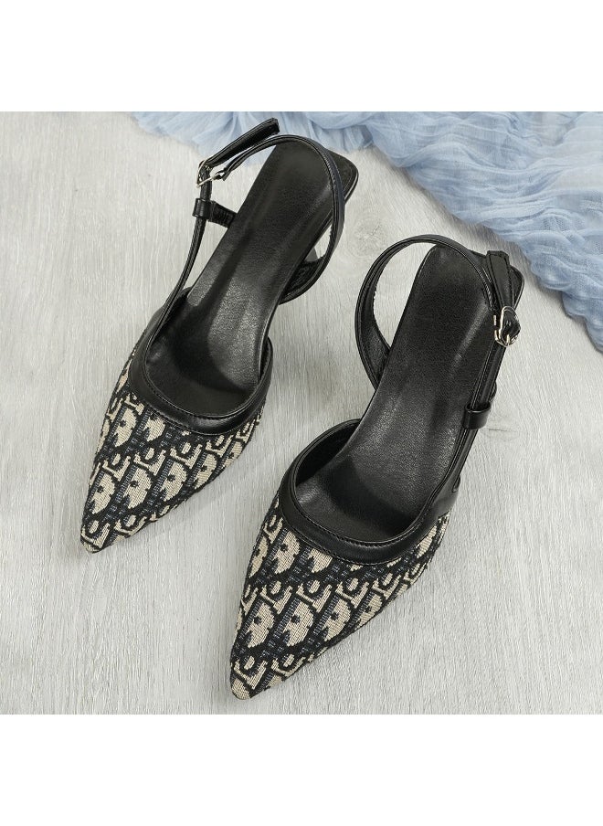 Rup Art Luxury Women’s High Heel Sandals – Pointed Toe Party Heels – Black & Grey Print Leather Dress Shoes  - Image 2