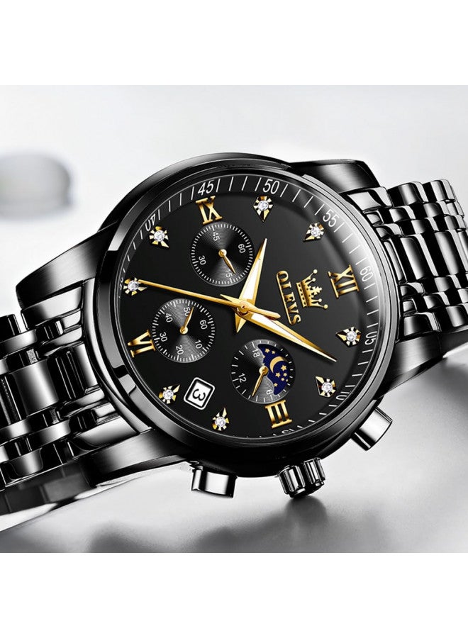OLEVS Mens Watches Chronograph Business Dress Stainless Steel Waterproof Luminous Date Wrist Watch Black Watch for Men - Image 1