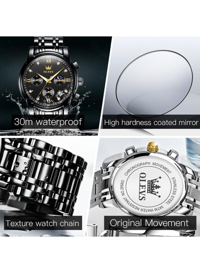 OLEVS Mens Watches Chronograph Business Dress Stainless Steel Waterproof Luminous Date Wrist Watch Black Watch for Men - Image 4