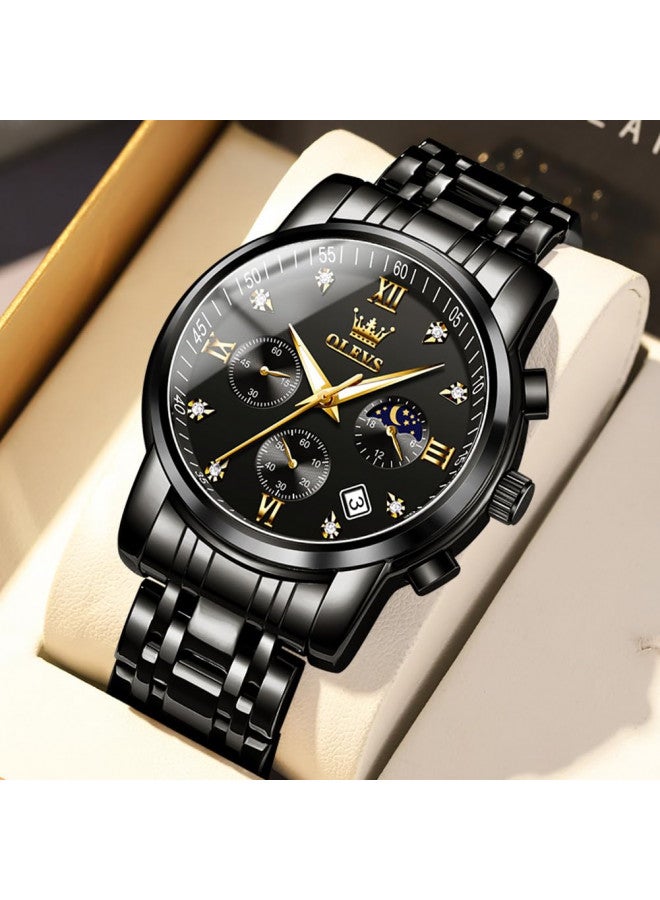 OLEVS Mens Watches Chronograph Business Dress Stainless Steel Waterproof Luminous Date Wrist Watch Black Watch for Men - Image 3