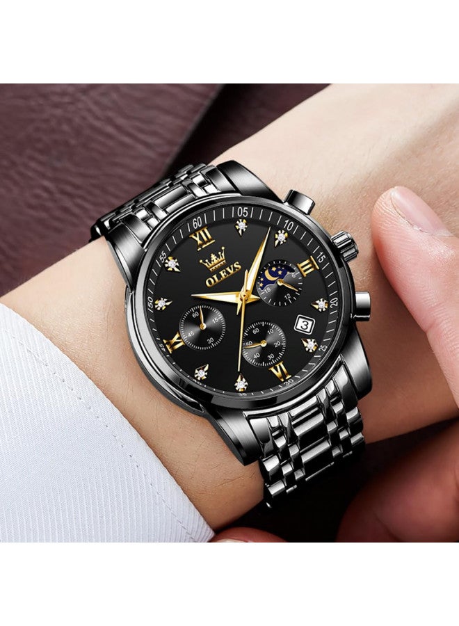 OLEVS Mens Watches Chronograph Business Dress Stainless Steel Waterproof Luminous Date Wrist Watch Black Watch for Men - Image 2