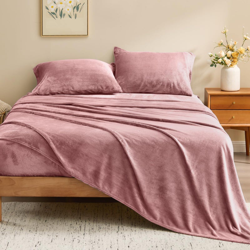BEDELITE Flannel Sheets King Size Dusty Pink - Super Soft Fleece Sheets Set Fluffy Extra Plush  4 Piece(Include Fitted Sheet  Flat Sheet  2 Pillowcases) - Image 2
