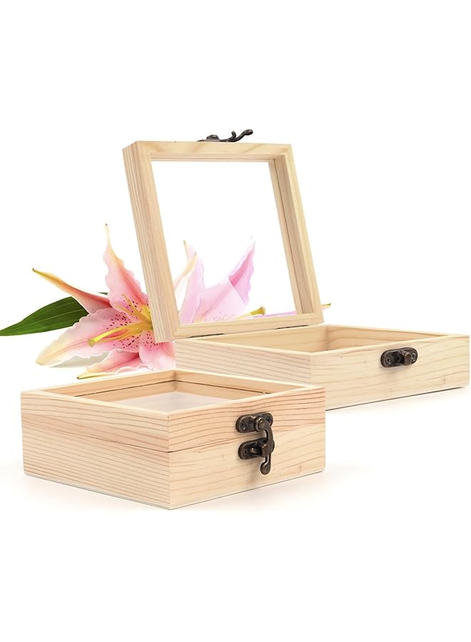 The Bros 2 Pcs Wooden Boxes, Handcrafted Wooden Gift Box Natural Pine Wooden Storage Box with Hinged Lid and Glass for Crafts, Jewelry, Gift, Keepsake (4.72 x 4.72 x 1.96 Inches) - Image 1