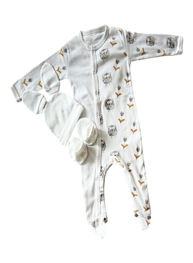 Picksparrow طقم ملابس أطفال حديثي الولادة من القطن من بيكسبارو، يتضمن رومبير، قبعة، جوارب، وقفازات/مستلزمات أساسية لحديثي الولادة (مجموعة من 4 قطع، سناب-أول) (3-6 أشهر) - Image 1