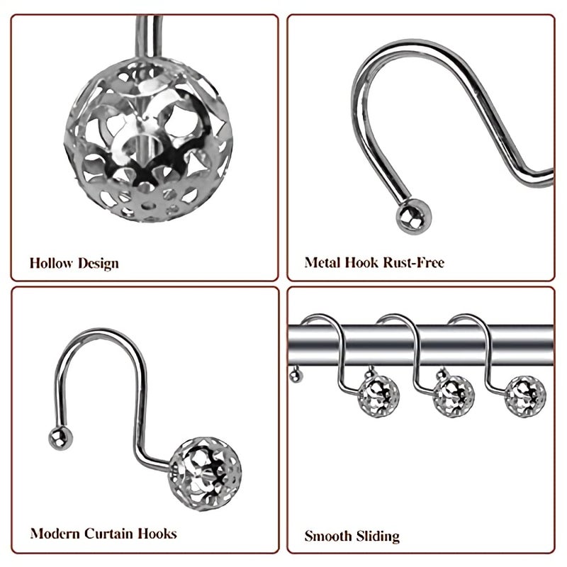 HASTHIP HASTHIP® 12 Pack Silver Shower Curtain Hooks Rings, Metal Rustproof Shower Hangers Rings, Household Shower Curtain Hooks for Bathroom Curtains Rods Hollow Ball Design  - Image 3