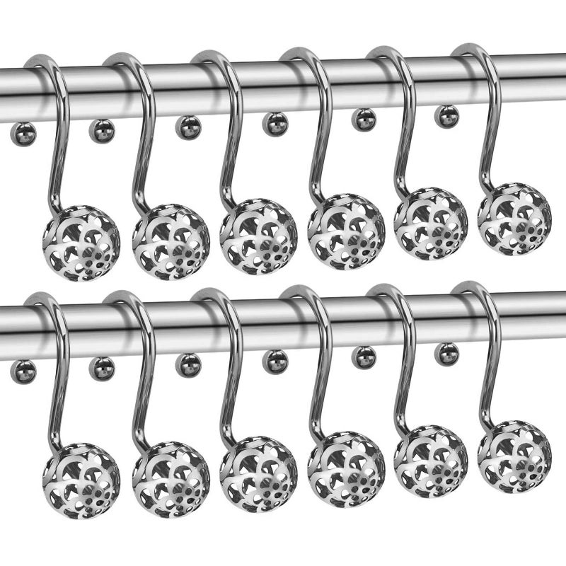 HASTHIP HASTHIP® 12 Pack Silver Shower Curtain Hooks Rings, Metal Rustproof Shower Hangers Rings, Household Shower Curtain Hooks for Bathroom Curtains Rods Hollow Ball Design  - Image 1