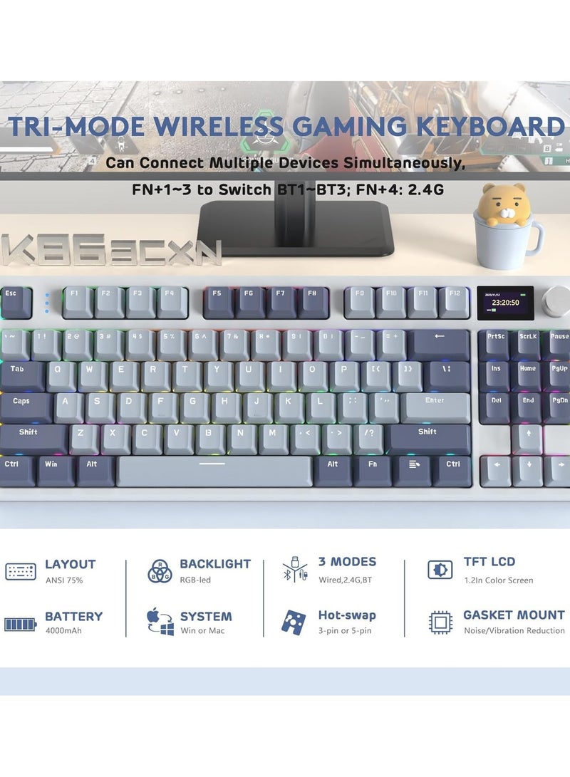 Attack Shark K86 Wireless Mechanical Keyboard,Triple Mode Bluetooth5.0/2.4G/USB-C 82 Keys Hot Swappable Gaming Keyboard 4000 mAH Battery w/Knob & 1.2'' HD OLED Display - Image 2