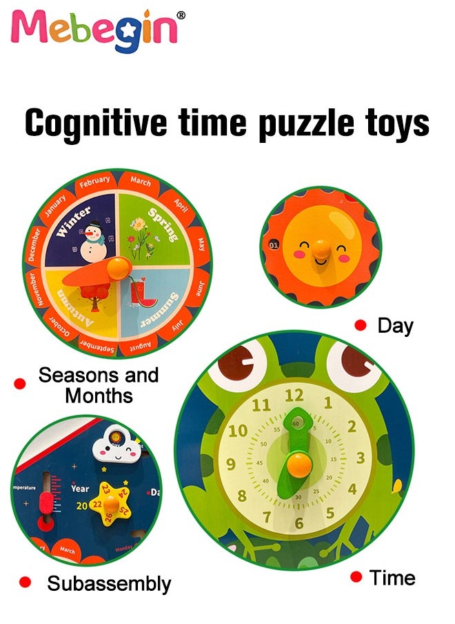 MEBEGIN - 8 in 1 Teaching Clock Board Includes Clock, Days, Dates, Months, Weather and Seasons, Multifunctional Wooden Toddler Learning Clock, Premium Educational Montessori Toys, Colorful Fun Development Toys, 30*1.5*40.5cm - Image 1