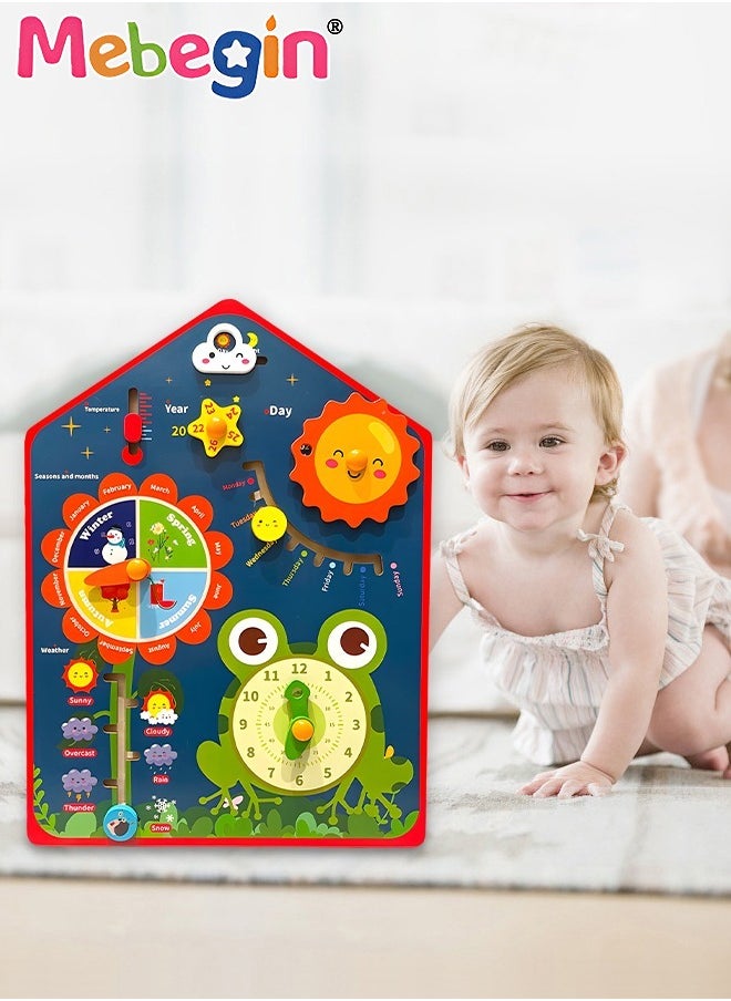 MEBEGIN - 8 in 1 Teaching Clock Board Includes Clock, Days, Dates, Months, Weather and Seasons, Multifunctional Wooden Toddler Learning Clock, Premium Educational Montessori Toys, Colorful Fun Development Toys, 30*1.5*40.5cm - Image 1