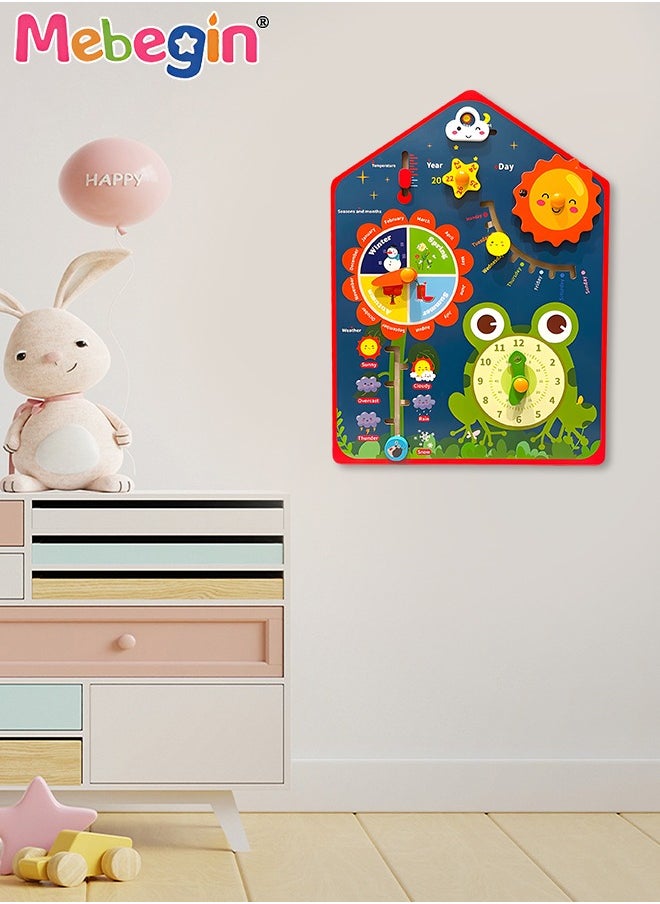 MEBEGIN - 8 in 1 Teaching Clock Board Includes Clock, Days, Dates, Months, Weather and Seasons, Multifunctional Wooden Toddler Learning Clock, Premium Educational Montessori Toys, Colorful Fun Development Toys, 30*1.5*40.5cm - Image 1