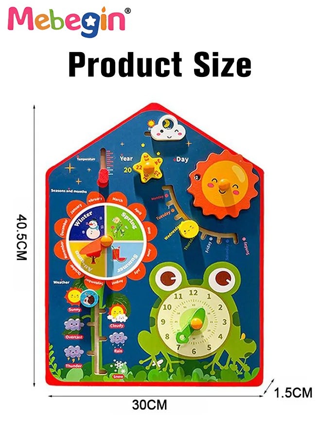 MEBEGIN - 8 in 1 Teaching Clock Board Includes Clock, Days, Dates, Months, Weather and Seasons, Multifunctional Wooden Toddler Learning Clock, Premium Educational Montessori Toys, Colorful Fun Development Toys, 30*1.5*40.5cm - Image 1