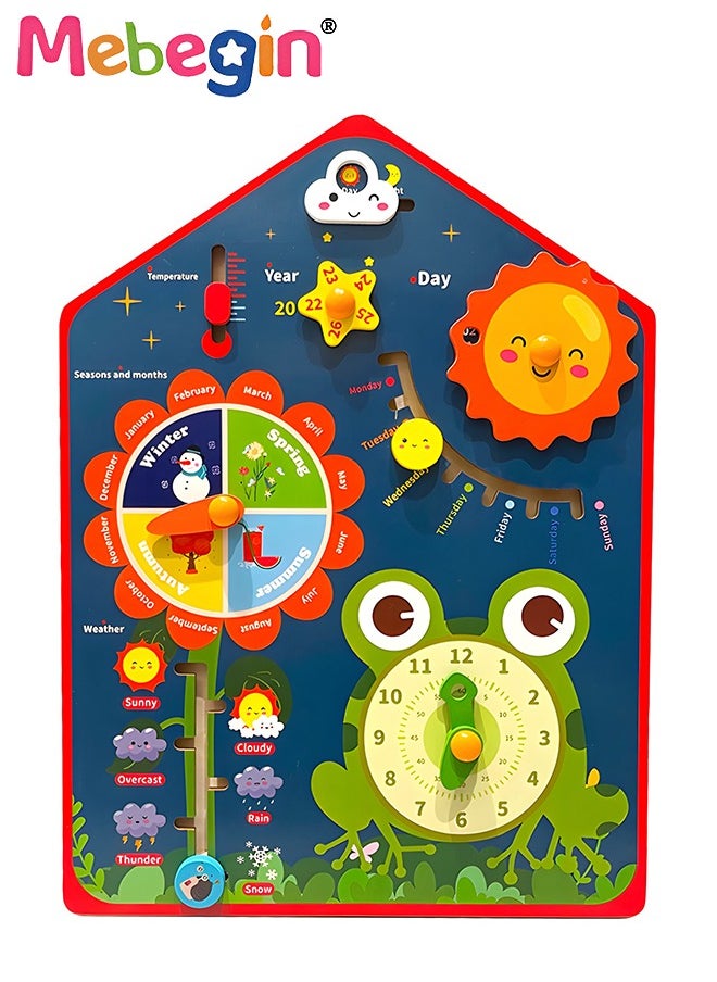MEBEGIN - 8 in 1 Teaching Clock Board Includes Clock, Days, Dates, Months, Weather and Seasons, Multifunctional Wooden Toddler Learning Clock, Premium Educational Montessori Toys, Colorful Fun Development Toys, 30*1.5*40.5cm - Image 1