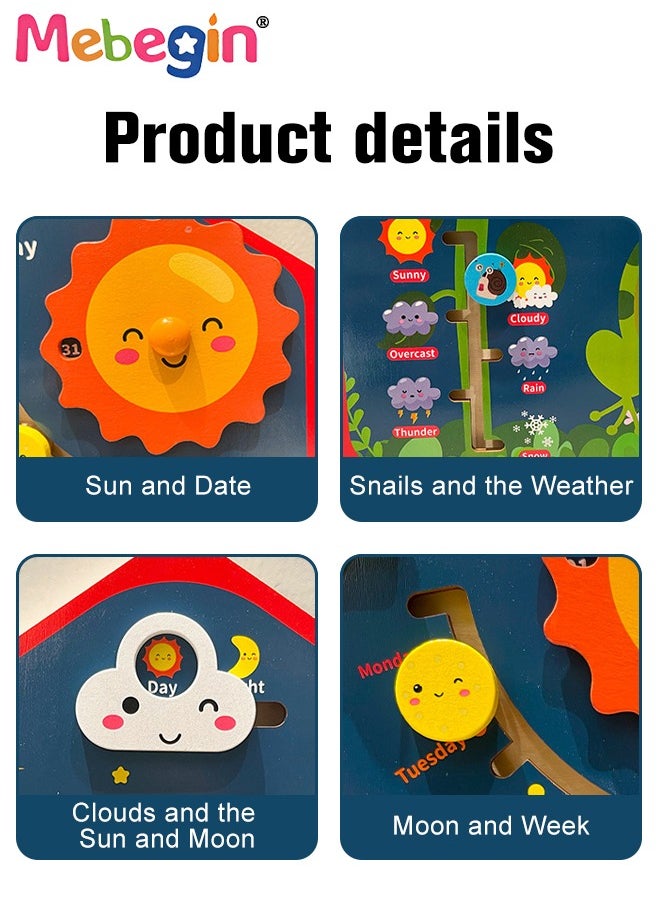 MEBEGIN - 8 in 1 Teaching Clock Board Includes Clock, Days, Dates, Months, Weather and Seasons, Multifunctional Wooden Toddler Learning Clock, Premium Educational Montessori Toys, Colorful Fun Development Toys, 30*1.5*40.5cm - Image 1