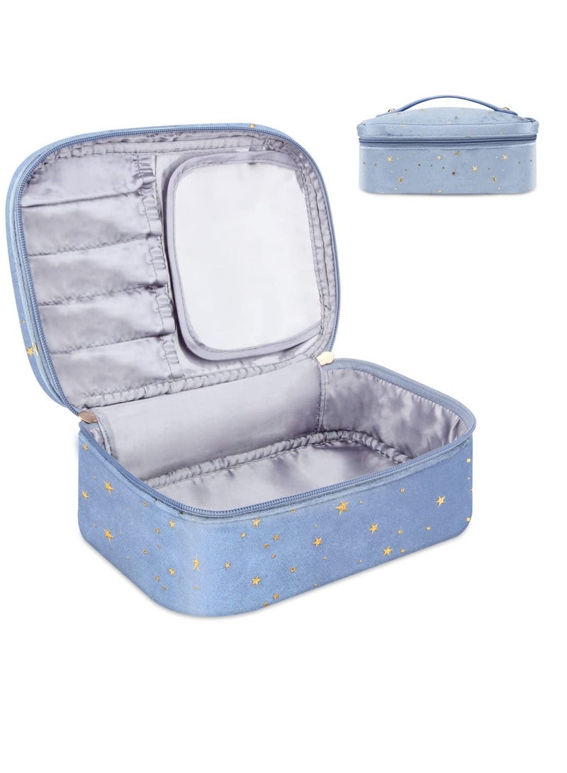 SYOSI Travel Makeup Bags for Women Velvet Makeup Bags Makeup Travel Case Small Cosmetic Bag with Handle Portable Makeup Brush Holder Organizer(Blue) - Image 1