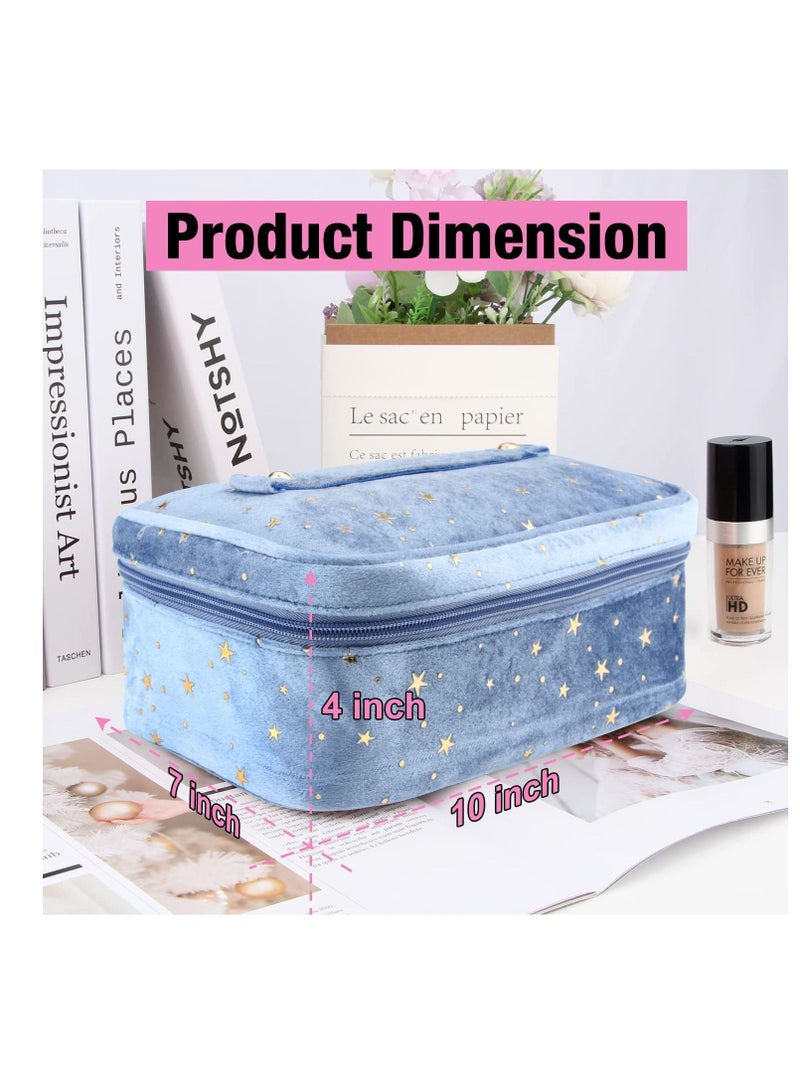 SYOSI Travel Makeup Bags for Women Velvet Makeup Bags Makeup Travel Case Small Cosmetic Bag with Handle Portable Makeup Brush Holder Organizer(Blue) - Image 5