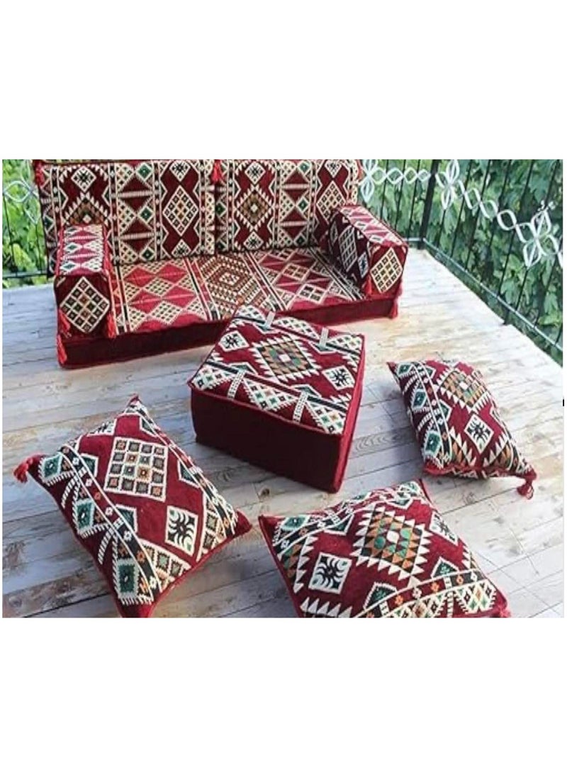 صحاره - طقم جلوس أرضي صحاره  بتصميم هندسي عربي – 2م × 60سم × 13سم، 2 وسائد (1م × 50سم)، 3 وسائد، بوف، مساند ظهر – جلوس أرضي حديث وتقليدي لغرفة المعيشة - Image 1