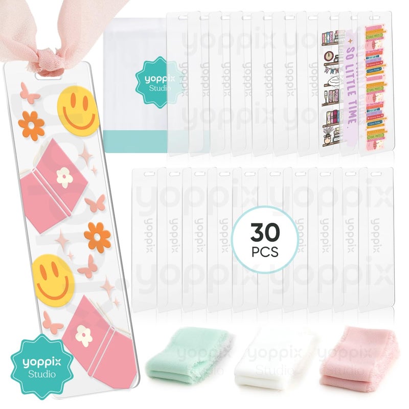 YOPPIX 6x2â€ Acrylic Bookmark Blanks- 30 Pieces Acrylic Bookmark Kit with 30 Pcs Ribbon for Reading Lovers DIY Crafts Hanging Tag Gifts Tag Price Tags, Graduation Back to School Gifts(Rectangle) - Image 1