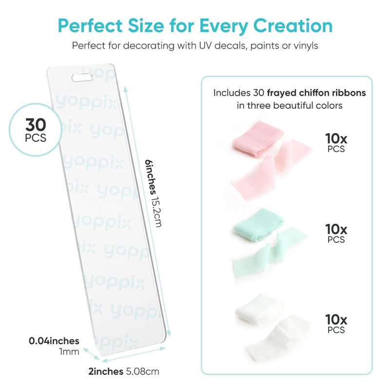YOPPIX 6x2â€ Acrylic Bookmark Blanks- 30 Pieces Acrylic Bookmark Kit with 30 Pcs Ribbon for Reading Lovers DIY Crafts Hanging Tag Gifts Tag Price Tags, Graduation Back to School Gifts(Rectangle) - Image 2