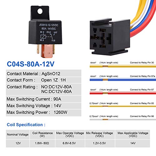 EHDIS 2 Packs Car Relay with Harness Truck Motor Heavy Duty 5-Pin 80A 12V Relay On/Off Normally Open SPDT Relay Socket Plug 5 Wire Automotive Relay JD2912-1Z-12VDC 80A 14VDC - Image 2