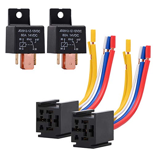 EHDIS 2 Packs Car Relay with Harness Truck Motor Heavy Duty 5-Pin 80A 12V Relay On/Off Normally Open SPDT Relay Socket Plug 5 Wire Automotive Relay JD2912-1Z-12VDC 80A 14VDC - Image 1
