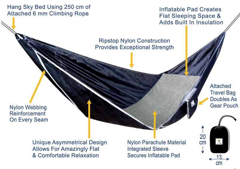 Hammock Bliss Hammock Bliss Sky Bed - Hangs Like A Hammock, Sleeps Like A Bed - Asymmetrical Design Hammock Tent with Integrated Inflatable Pad Sleeve for a Lay Flat & Insulated Camping Hammock Sleeping Experience  - Image 5