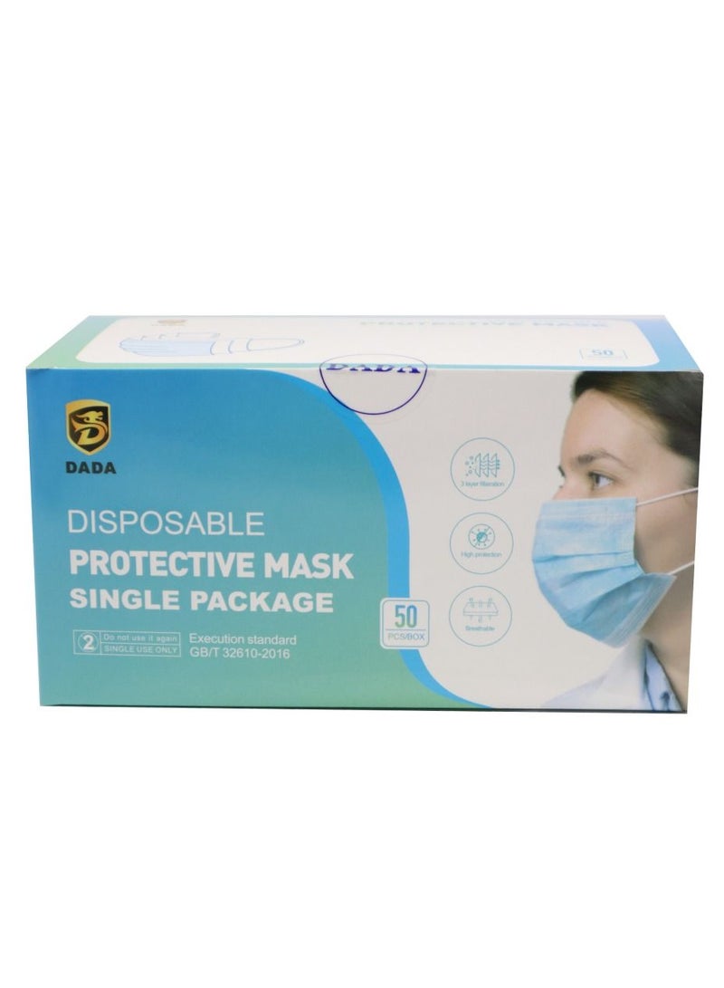 Dada 50-Pieces 3 Ply Disposable Face Mask For Adults Individually Packed Blue - Image 1