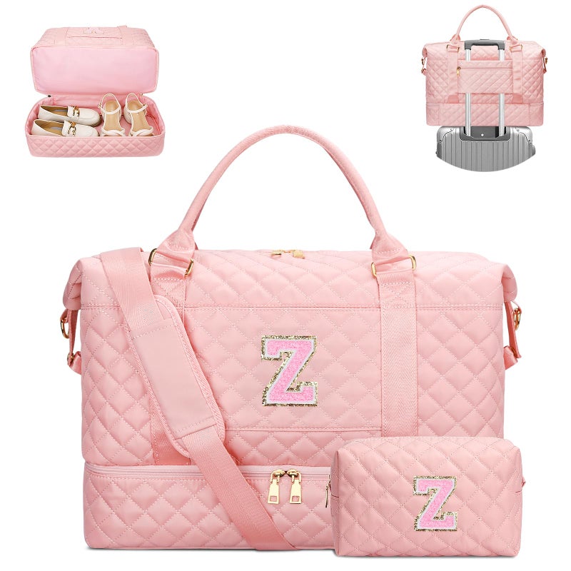 CLOUDWINGS Gifts for Women Girls Birthday Initial Travel Duffle Bag Quilted Weekender Bags CarryOn Overnight with Cosmetic Bag Gym Bag with Shoe Compartment PinkZ - Image 2