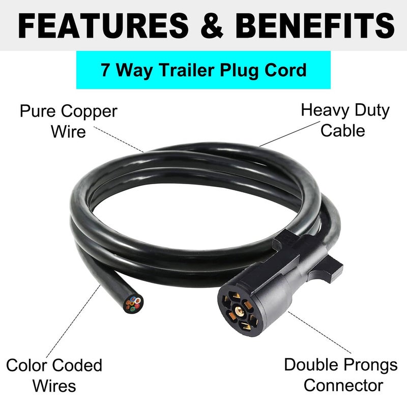 CXTM 7 Way Trailer Cord 7 Way Trailer Plug Inline Cord 6 Feet Trailer Wire Harness Double Prongs Connector 7 pin Trailer Wiring Harness for Camper Blade Molded RV Wire(6ft) - Image 2