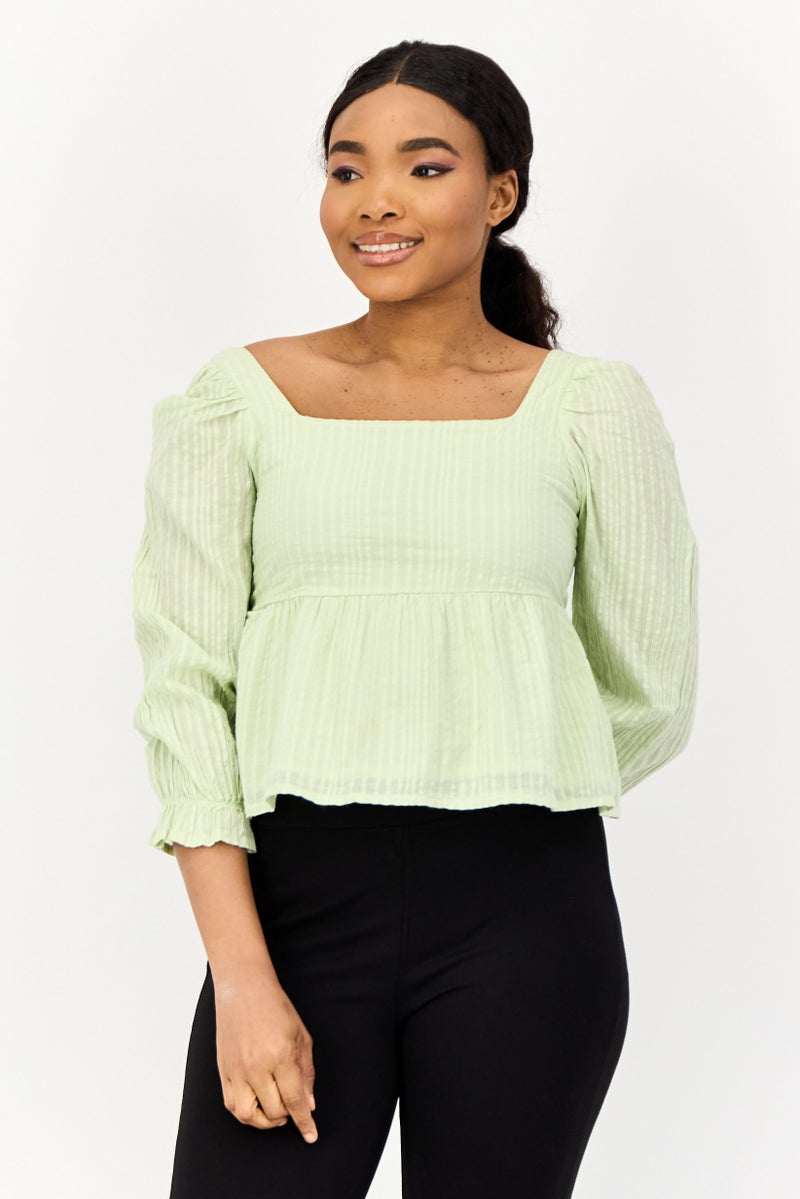 ONLY Women Square Neck Long Sleeve Textured Blouse, Mint Green - Image 1