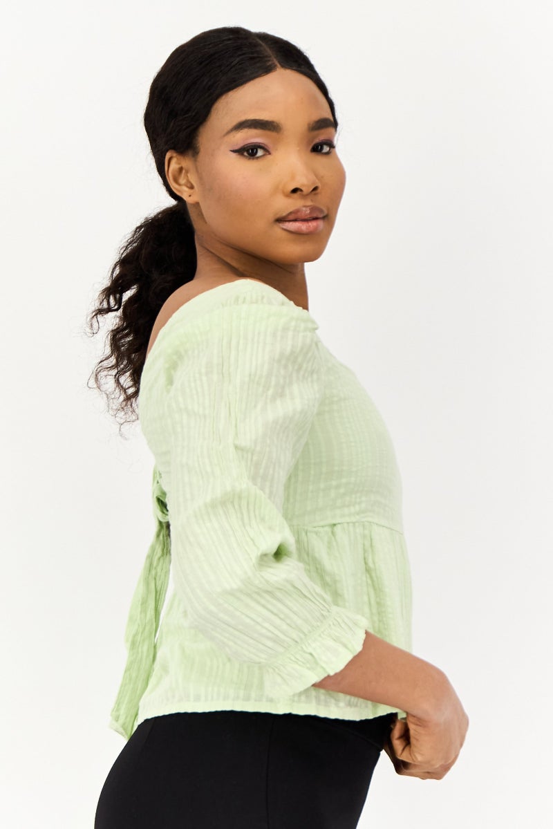 ONLY Women Square Neck Long Sleeve Textured Blouse, Mint Green - Image 2