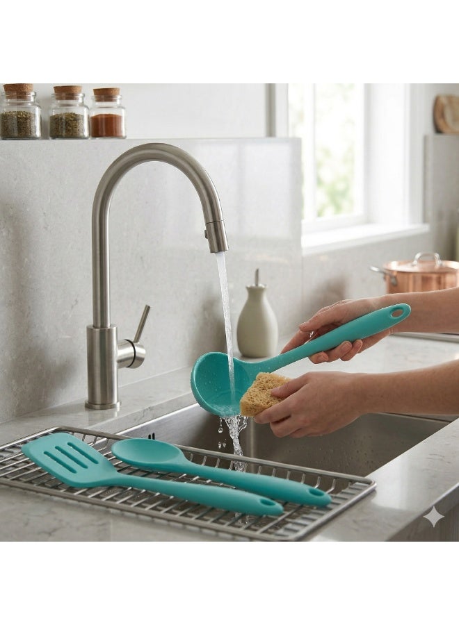 3-Piece Silicone Kitchen Utensil Set for Cooking and Serving, Ladle Spoon and Turner Spatula, Heat Resistant and Easy to Clean, Safe for Non-Stick Cookware -Turquoise - Image 3