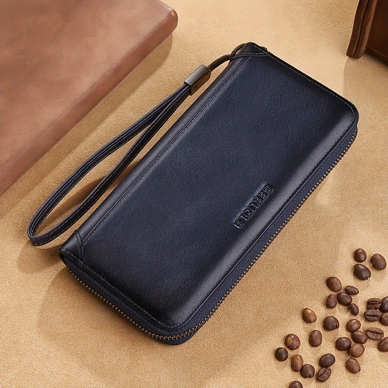 GERUOLA Men's Genuine Leather Long Wallet, Soft Cowhide Clutch, Travel Lightweight Luxury Simple Large Capacity Anti-Scan Gradient Gray Blue, Top Grain Cowhide, Large Capacity RFID Blocking Credit Card Holder, Portable for Work, Business, Commute, Office Gift, Anniversary, Couple, Birthday, Valentine's Day Gift, Leather Wallet, Father's Day Gift, Christmas, Thanksgiving Gift - Image 1