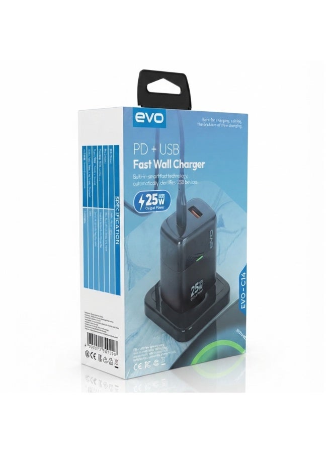 EVO-C14 25W Fast Wall Charger with USB-C Power Delivery and USB Port, Dual Port Fast Charging Adapter, Smart Chip USB-C Charger Block, Compact Travel Charger for iPhone, Android Phones, Tablets, Earbuds, Smartwatches and USB Devices - Image 3