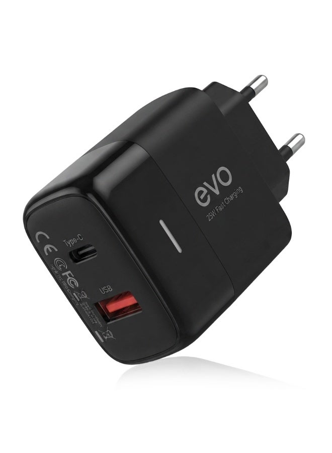 EVO-C14 25W Fast Wall Charger with USB-C Power Delivery and USB Port, Dual Port Fast Charging Adapter, Smart Chip USB-C Charger Block, Compact Travel Charger for iPhone, Android Phones, Tablets, Earbuds, Smartwatches and USB Devices - Image 1
