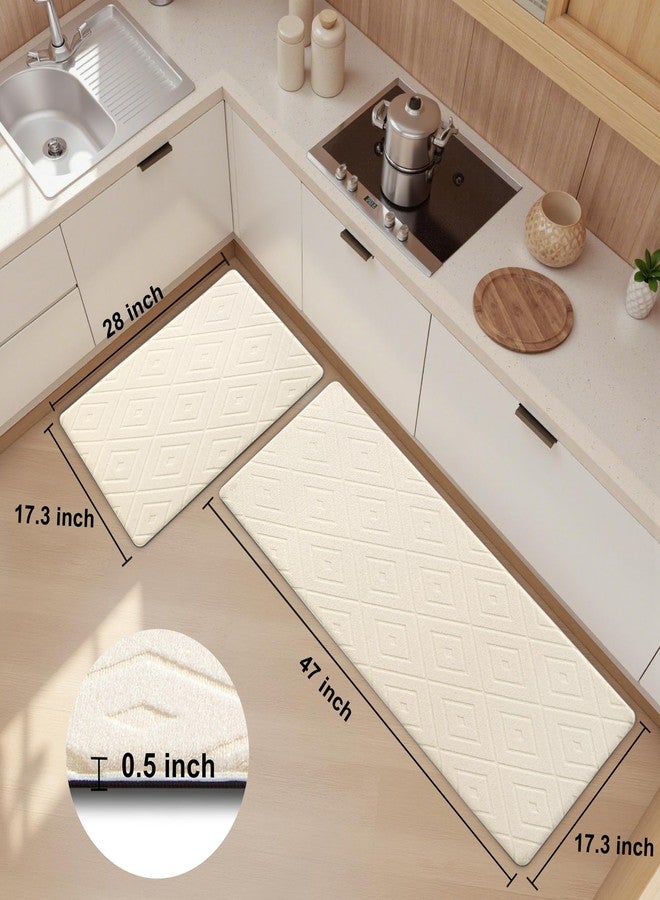 Tritard Kitchen Mats for Floor Absorbent High-Low Polypropylene PVC Cushioned Mat Set of 2 Non Slip Anti Fatigue Kitchen Rugs 1/2 Inch Comfort Standing Textured Rhombus Mats Sets, 17.3"x28"+17.3"x47", Beige - Image 2