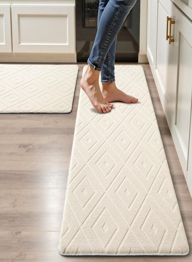 Tritard Kitchen Mats for Floor Absorbent High-Low Polypropylene PVC Cushioned Mat Set of 2 Non Slip Anti Fatigue Kitchen Rugs 1/2 Inch Comfort Standing Textured Rhombus Mats Sets, 17.3"x28"+17.3"x47", Beige - Image 1