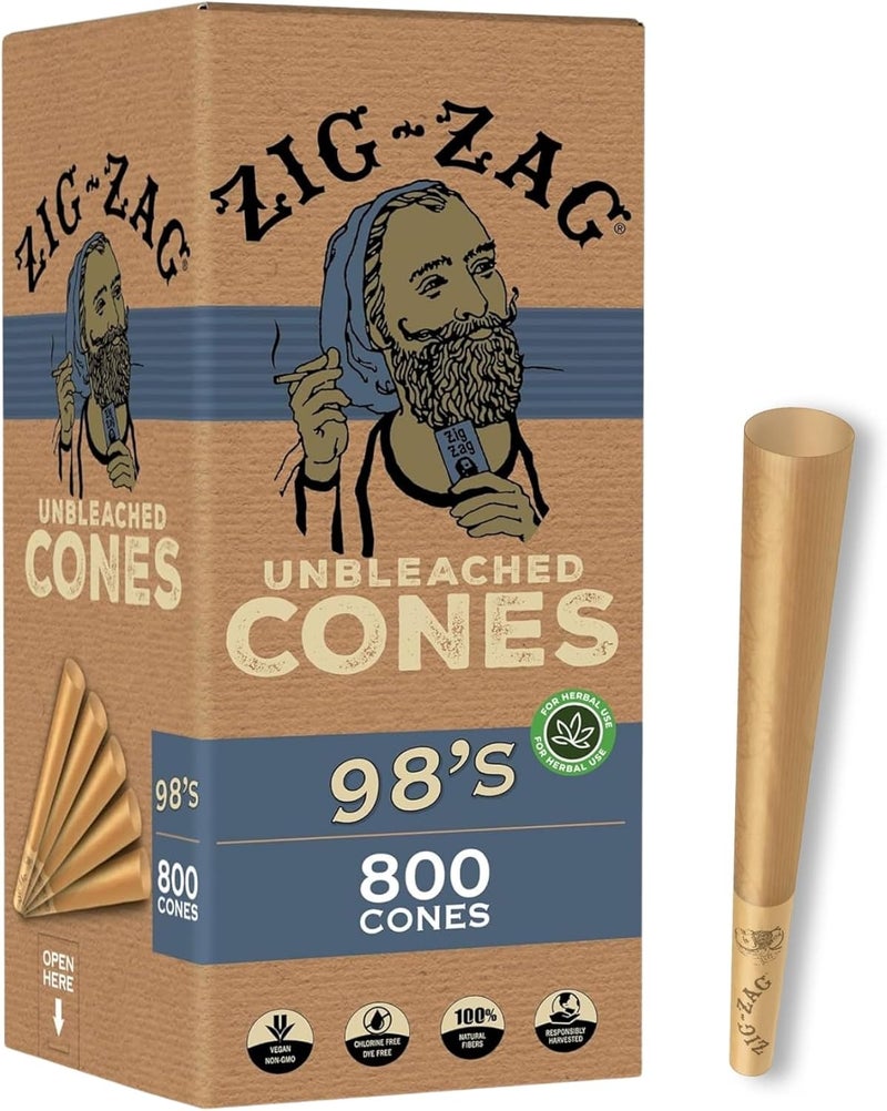 Zigzag Pre Rolled Cones 98’s Size (800 Pack) Unbleached - Slow Burning Pre Rolled Cones with Tips & Packing Tubes Included - Bulk Pack - Image 1
