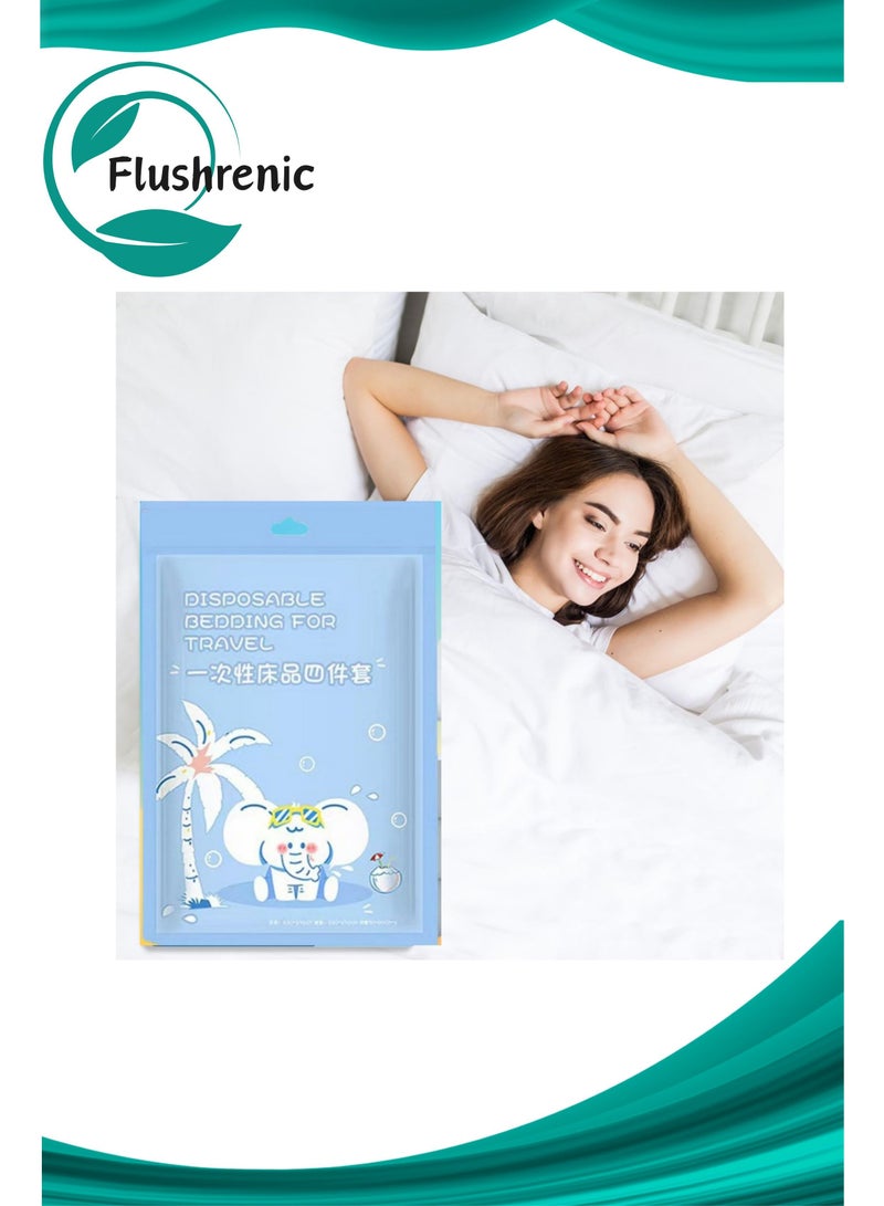 Flushrenic 4-Piece Bedding Set, Disposable Travel Bedding Kit, comprising one fitted sheet, one duvet cover, two pillowcases, portable bedding set, breathable and skin-friendly, suitable for hotels, camping, travel, and hospitals. - Image 1
