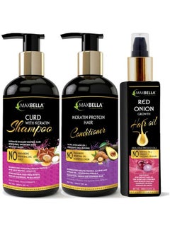 MAXBELLA Curd With Keratin Protein Hair Shampoo 300Mlkeratin Hair Conditioner 300Ml & Red Onion Hair Oil 200Ml No Paraben & Mineral Oilfor Men And Women Combo (3 Items In The Set)  - Image 2