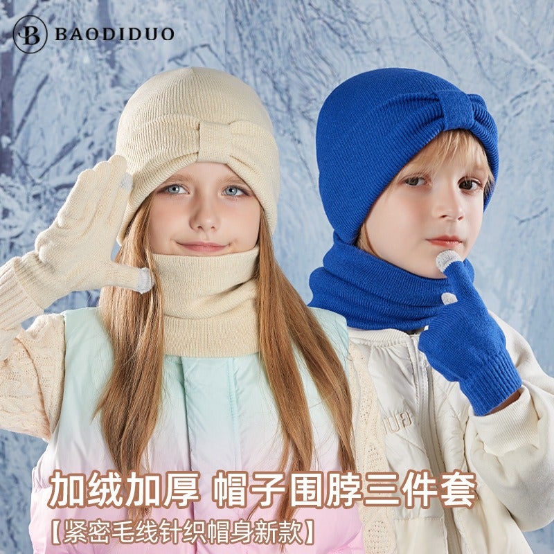Bao Di Duo Kids Winter Hat Scarf Gloves 3-Piece Set Touchscreen Gloves Boys Girls Warm Knitted Beanie Set - Image 2
