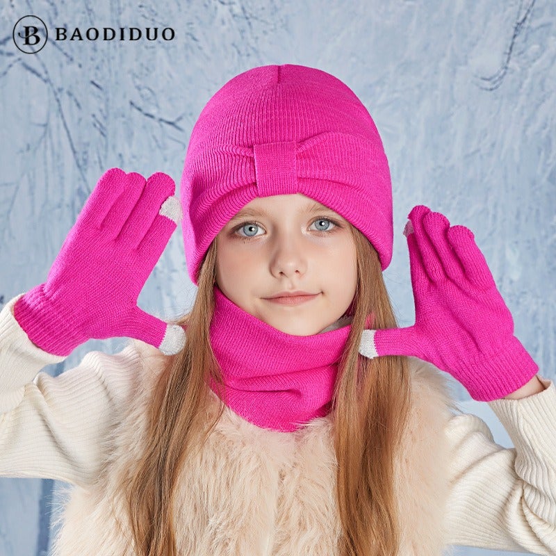 Bao Di Duo Kids Winter Hat Scarf Gloves 3-Piece Set Touchscreen Gloves Boys Girls Warm Knitted Beanie Set - Image 5