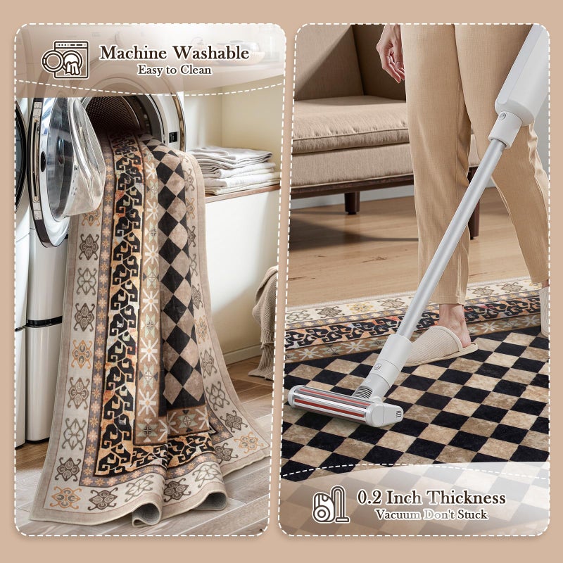 Wonnitar Washable 3x5 Checkered Kitchen Rug, Black and Brown Trellis Rugs for Bedroom, Stain Resistant Non Slip Funky Carpet Throw Rugs for Bathroom Entryway Laundry Living Room Home Decor(Black,3x5) - Image 4