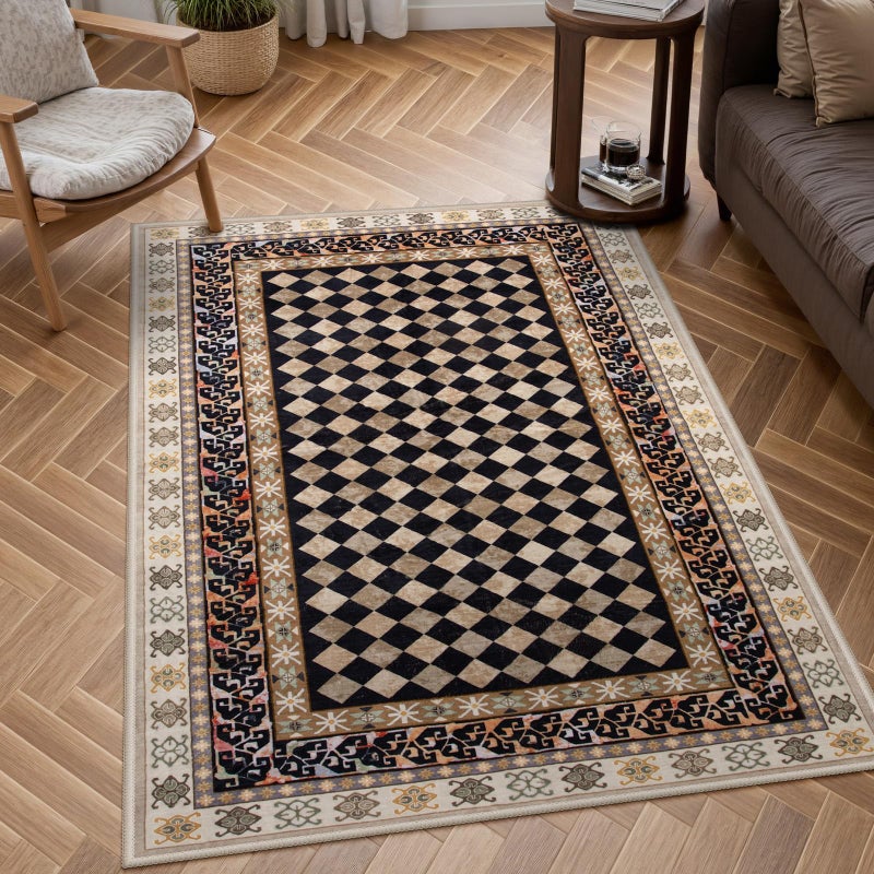 Wonnitar Washable 3x5 Checkered Kitchen Rug, Black and Brown Trellis Rugs for Bedroom, Stain Resistant Non Slip Funky Carpet Throw Rugs for Bathroom Entryway Laundry Living Room Home Decor(Black,3x5) - Image 1
