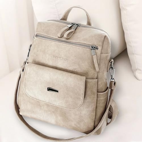 WYFJNX PU Leather Backpack Purse for Women Fashion Multipurpose Design Handbag Ladies Shoulder Bags Travel Backpack Beige - Image 4