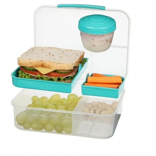 LOOKMINT BPAFree Lunch Box with 3 Compartments Small Sauce Container Leakproof Airtight Microwave Safe Tiffin Box for Office School Travel - Image 1