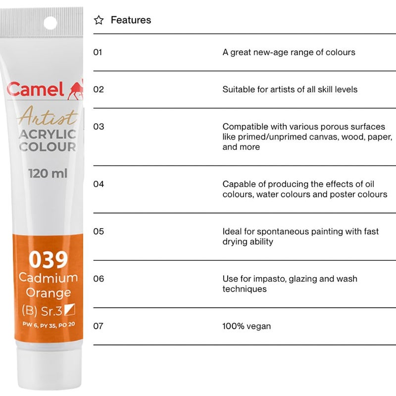 camel أنابيب ألوان الأكريليك للفنانين من كاملين كوكيو 120 مل برتقالي كادميوم 039 - Image 3